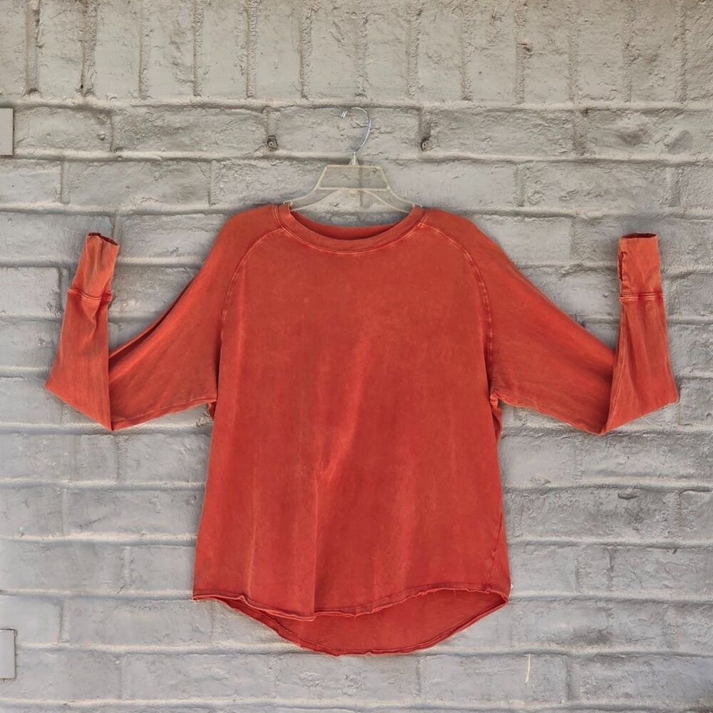 Z by Zella Mineral Wash Cotton Long Sleeve Crewneck Pullover Top Orange M NWOT